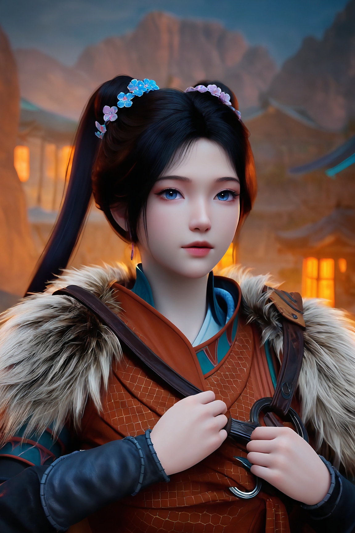 Mei-ning,1girl, solo, long hair, looking at viewer, blue eyes, black hair, hair ornament,ponytail,hair flower,
ultra - realistic 3D render, glossy detailed skin, cinematic lighting, photorealistic, sharp focus, vibrant colors, dynamic pose,Semi Realistic-style