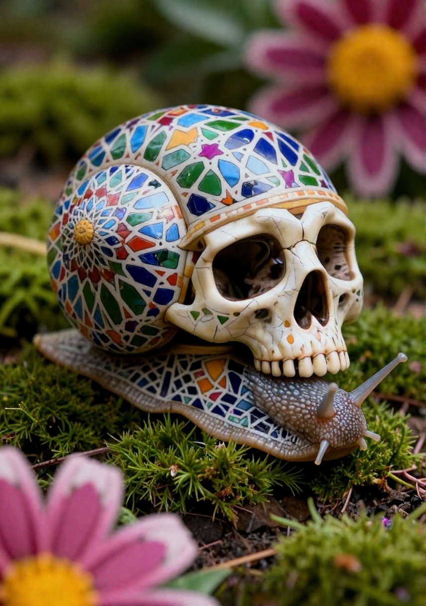 A close-up of a snail with a human skull shell,  intricately crafted from Moroccan mosaic print,  surrounded by mossy gree...