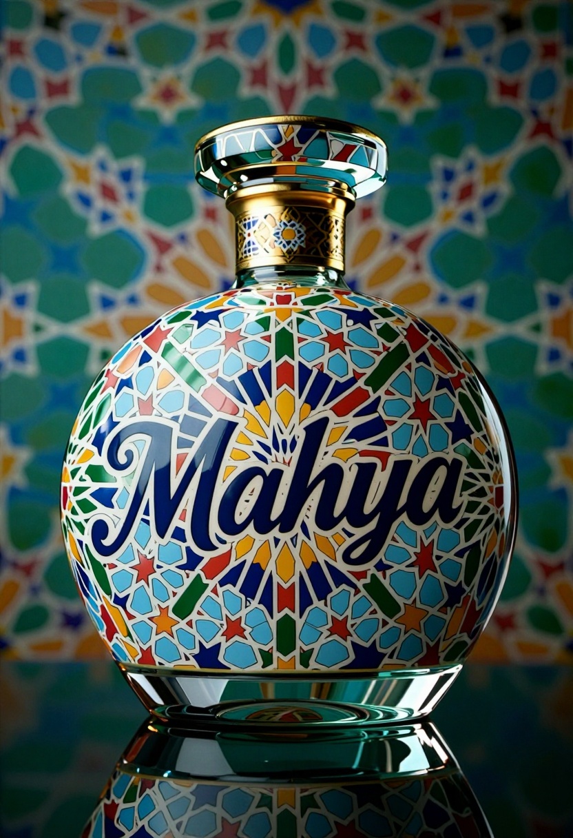 A luxury crystal Whisky bottle ,  calligraphy sculpture of the word "Mahya",  MADE OF MOROCCAN MOSAIC PRINT on Tensor.Art