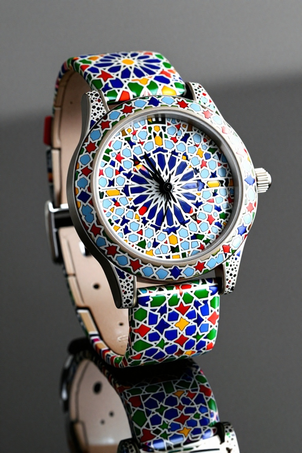 A luxury wristwatch with the dial and band encrusted in zellige art,  MADE OF MOROCCAN MOSAIC PRINT,  adr-zllj on Tensor.Art