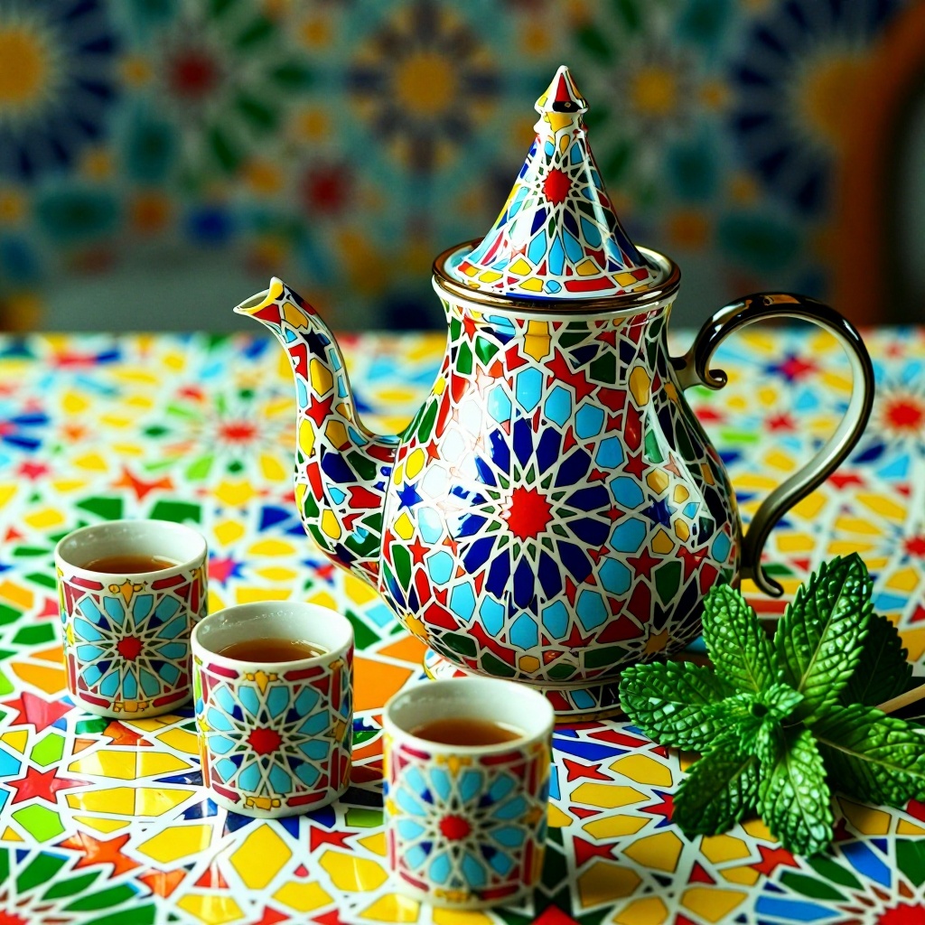 A luxury teapot and matching cups set,  traditional Moroccan shapes covered in detailed tilework,  MADE OF MOROCCAN MOSAIC...