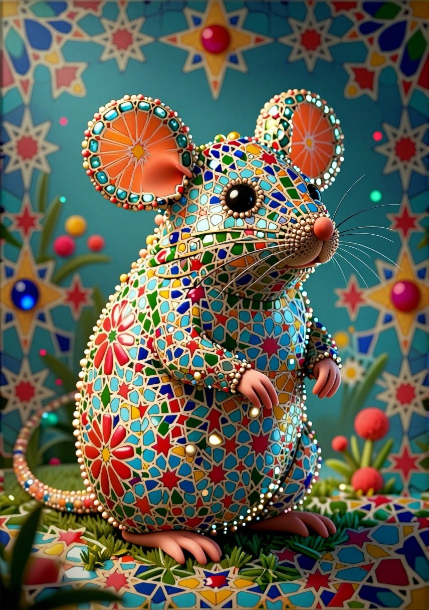 digital art,  A textured and intricate digital artwork comes to life in the form of a mouse,  MADE OF MOSAIC PRINTed in cr...