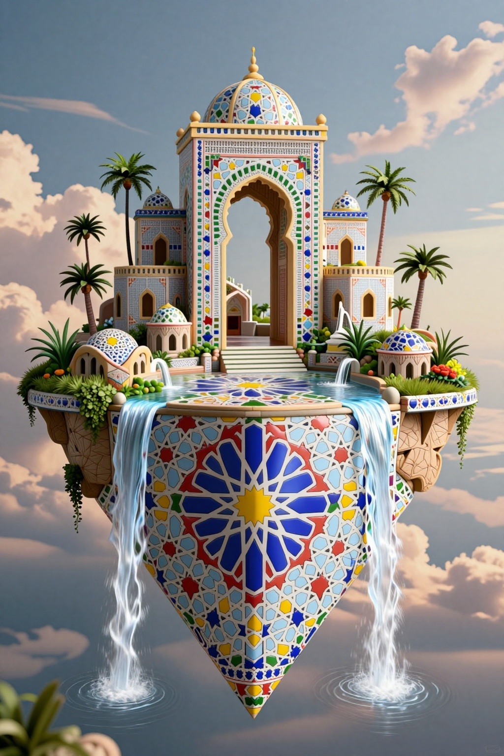 A floating island MADE OF MOROCCAN MOSAIC PRINT,  adr-zllj,  zellij stone surface on Tensor.Art