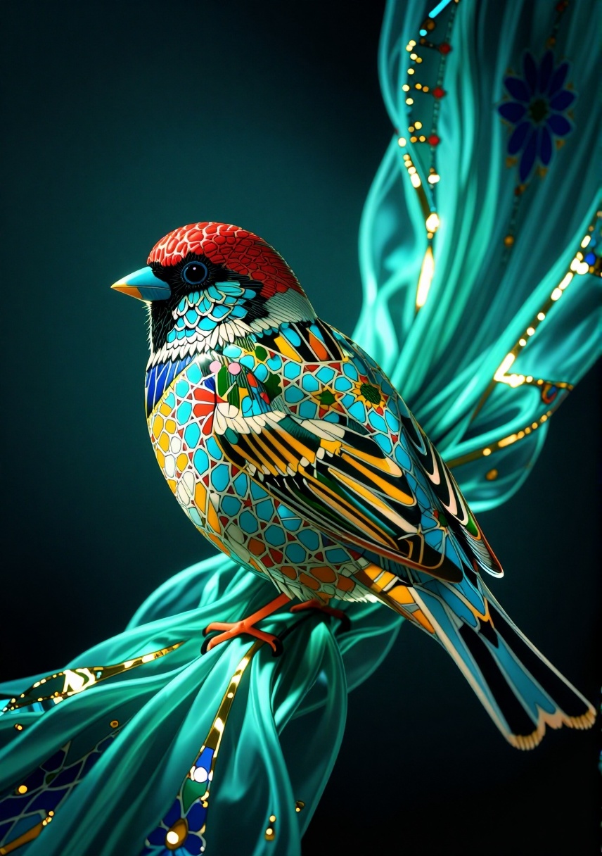 The very Bikinied scene is inspired by RAW photo describing a Sparrow,  wearing MADE OF MOSAIC PRINT. The Direct light enh...