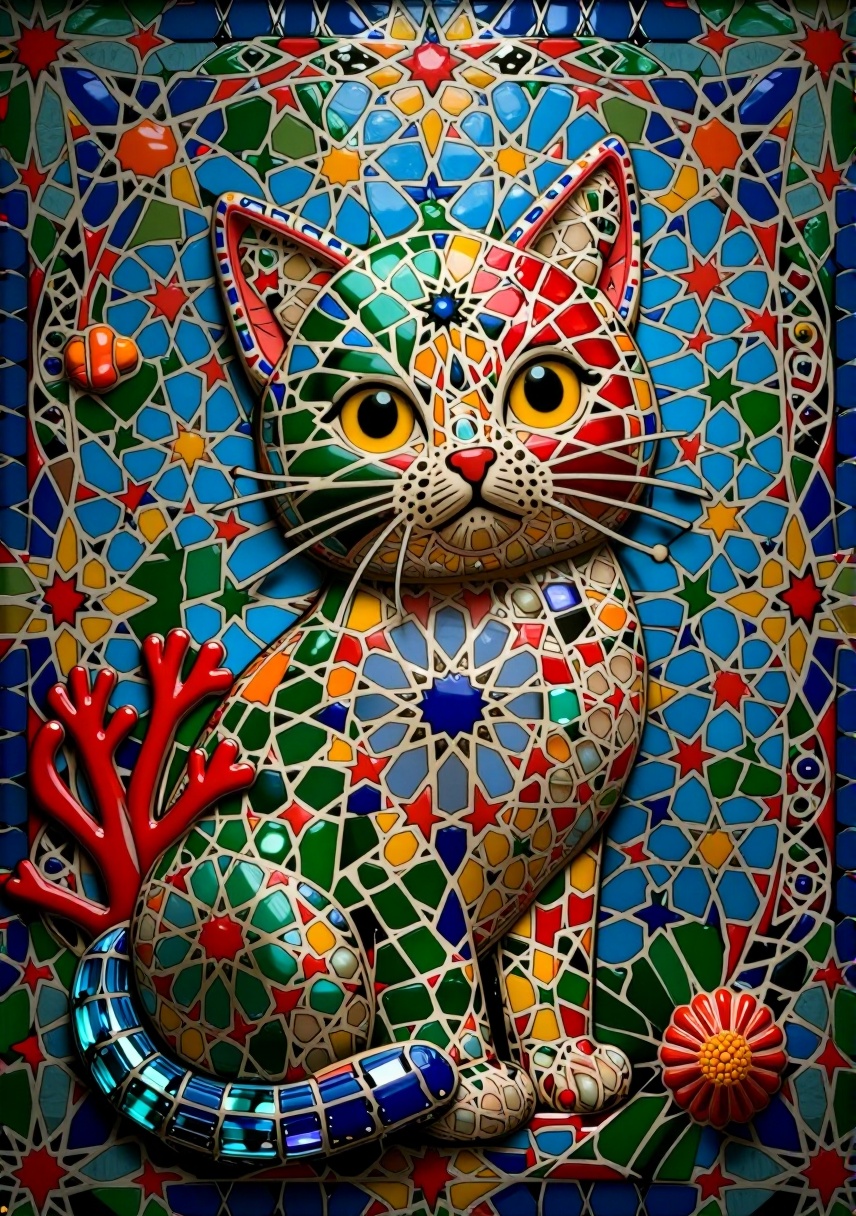 digital art,  A textured and intricate digital artwork comes to life in the form of a cat,  MADE OF MOSAIC PRINTed in crys...
