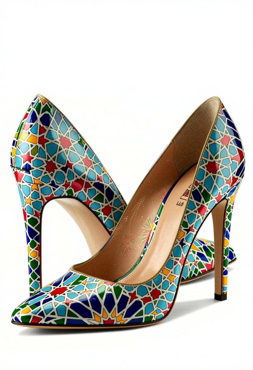 A pair of luxury high-heel stiletto shoes,  ceramic tile texture covering every surface,  MADE OF MOROCCAN MOSAIC PRINT on...