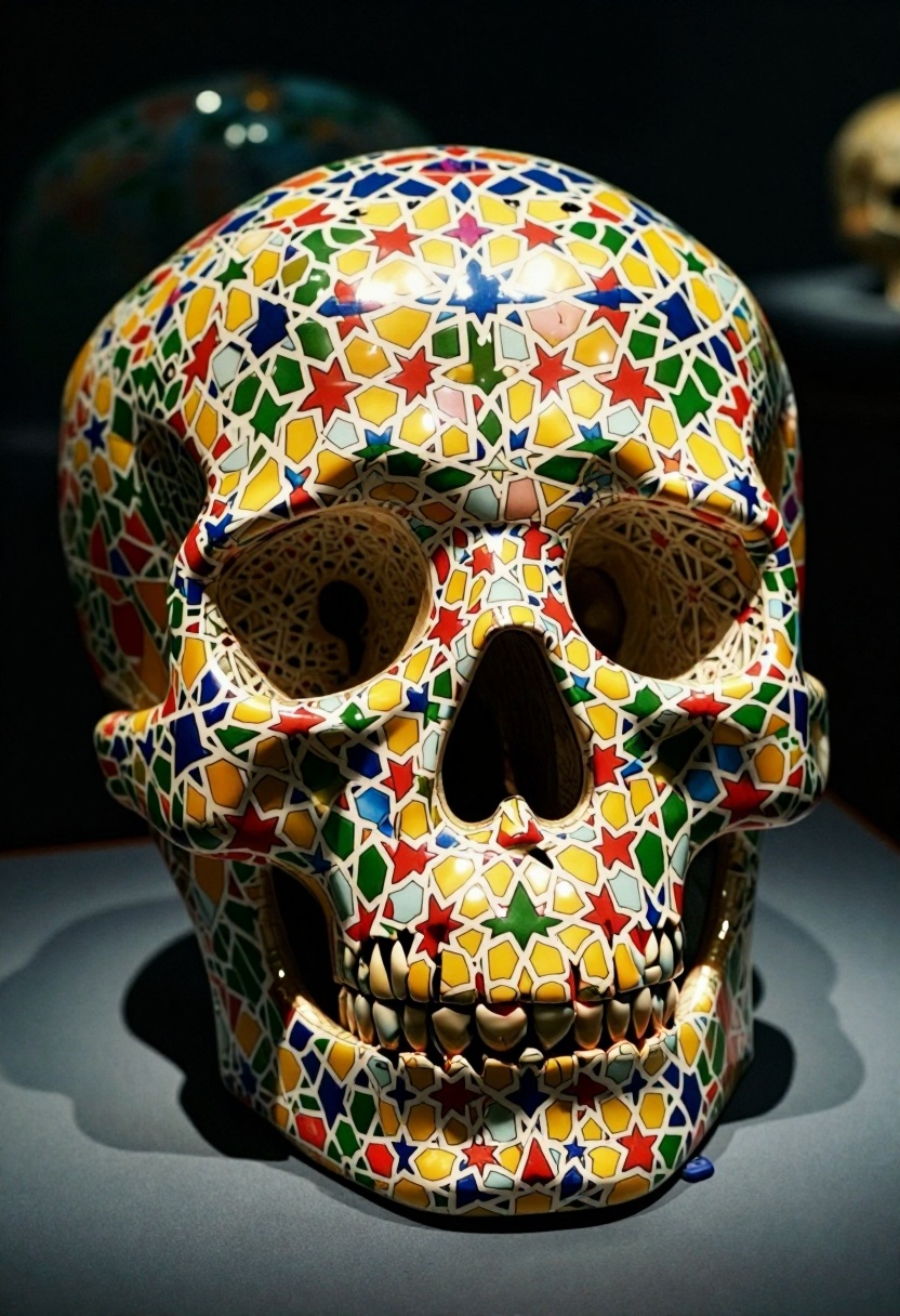 A crystal human skull sculpture,  every surface engraved with star and polygon patterns,  MADE OF MOROCCAN MOSAIC PRINT on...
