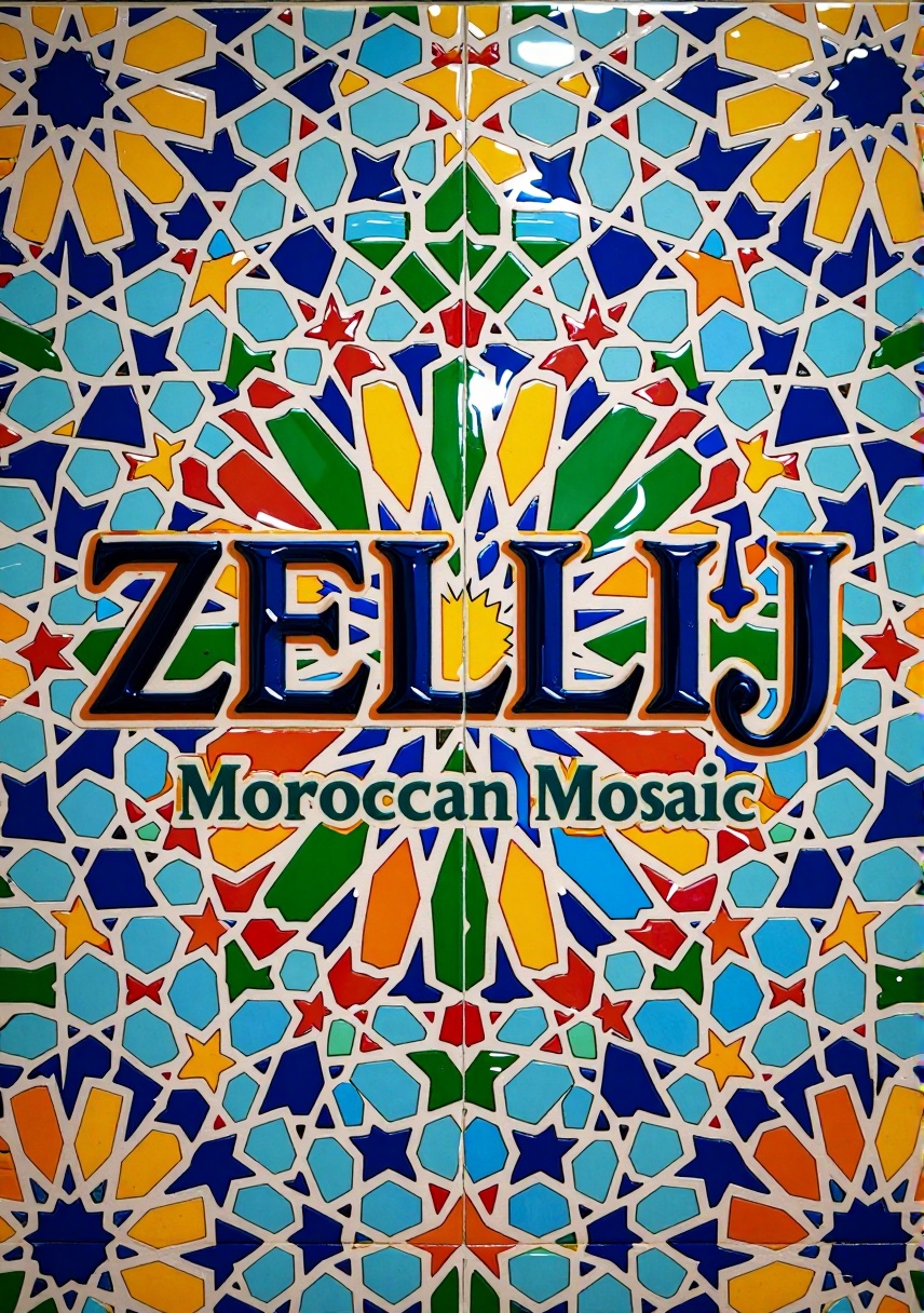 "ZELLIJ " main TEXT LOGO,  scond Text "Moroccan mosaic",  3d render text on Tensor.Art