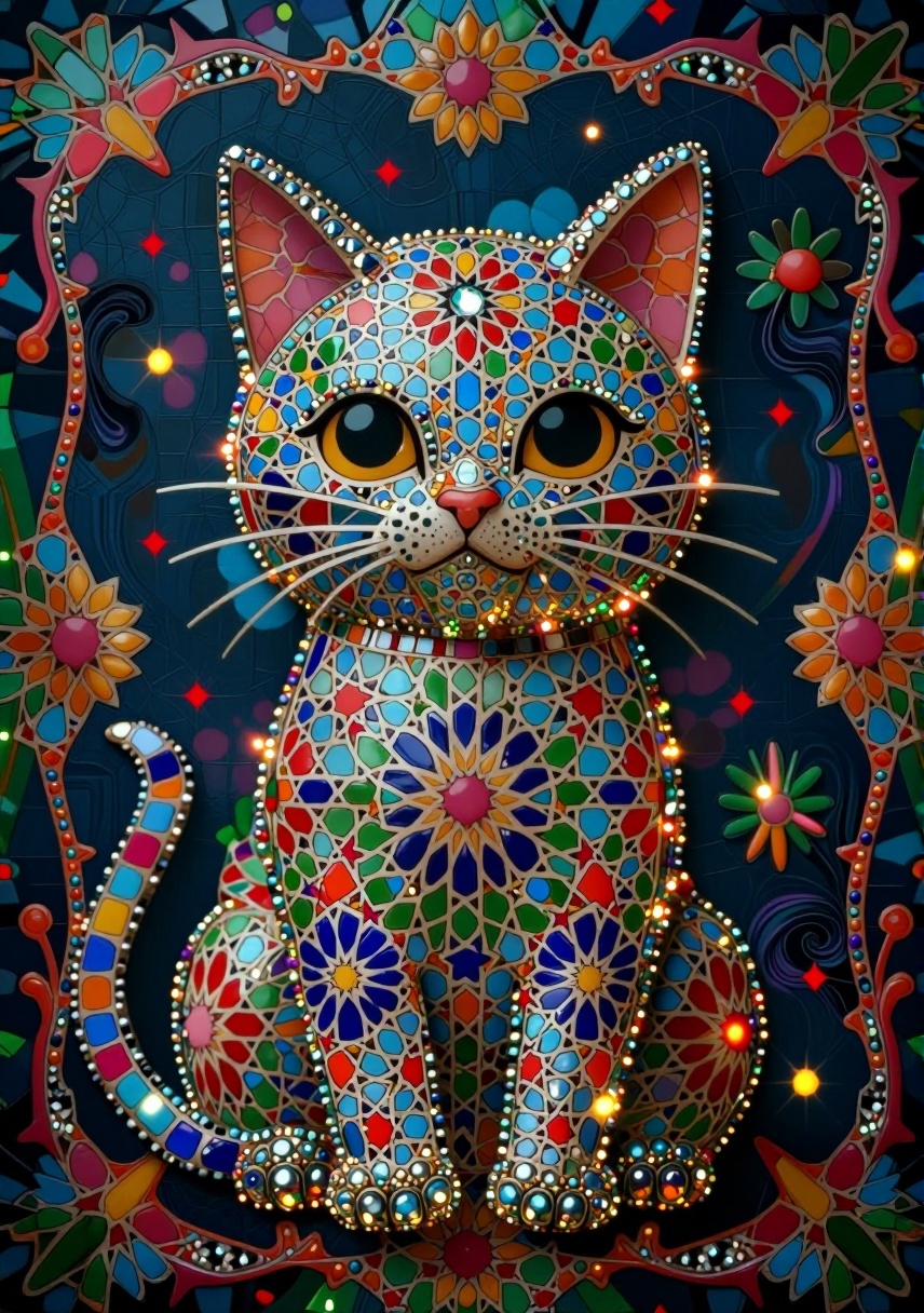 digital art,  A textured and intricate digital artwork comes to life in the form of a cat,  MADE OF MOSAIC PRINTed in crys...