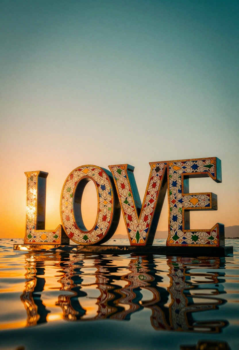 A calligraphy sculpture of the word "LOVE",  three-dimensional letters,  MADE OF MOROCCAN MOSAIC PRINT on Tensor.Art