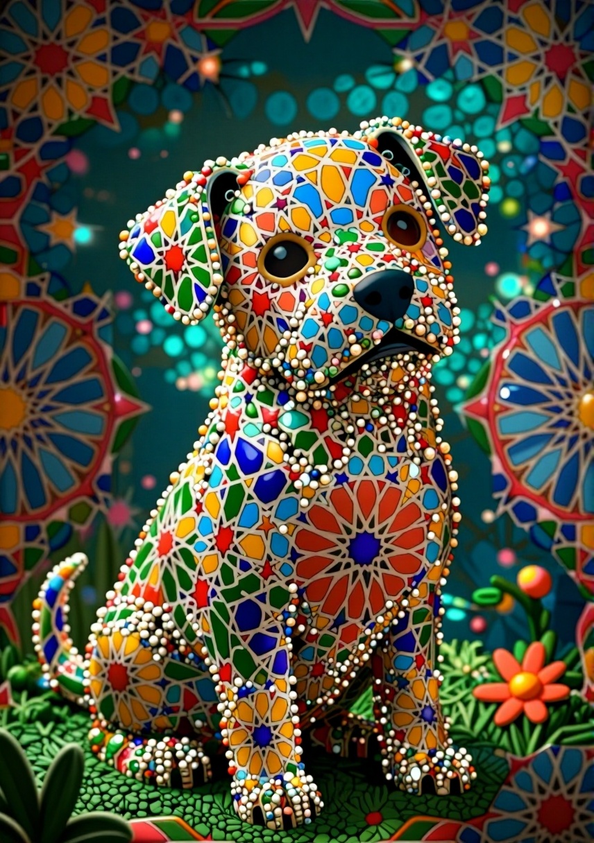 digital art,  A textured and intricate digital artwork comes to life in the form of a dog,  MADE OF MOSAIC PRINTed in crys...