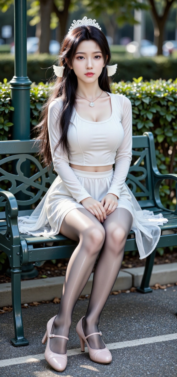 1 girl, Songyu _.The image shows a person sitting on a green, metal bench outdoors. The person is wearing a white, long-sleeved top and a white, tulle skirt, and is dressed in pink ballet shoes. The person is sitting with their legs crossed and hands resting on their knees, looking slightly to the side. The background includes green bushes and trees, and the ground is paved with asphalt. There is also a green pole behind the person. The image has a soft, natural lighting, and the overall setting appears to be a park or garden area.,large natural breast,black pantyhose,ddw,shiny pantyhose,glossy_pantyhose
