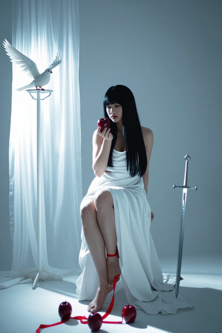 A young woman is sitting on a high stool covered with pure white fabric,  wearing a flowing white sleeveless dress,  with...