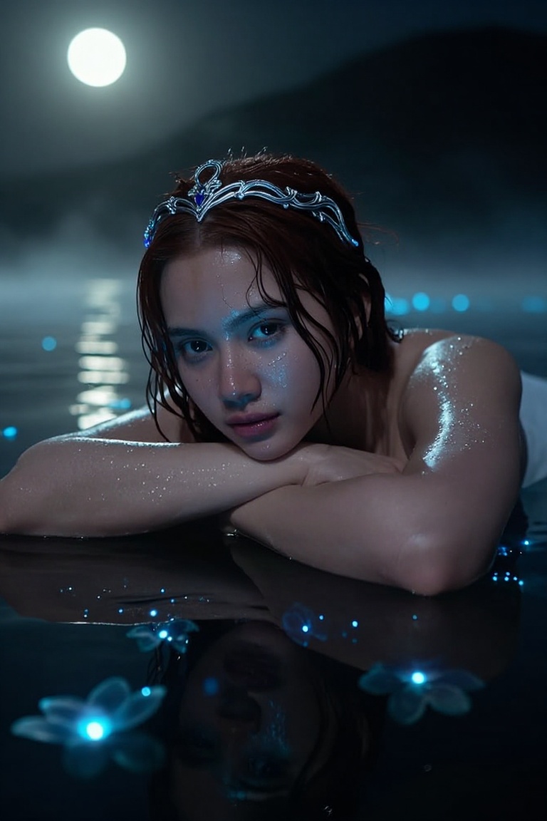 Viviane,  the Lady of the Lake in her true mystical form,  resting low at the edge of a dark enchanted lake on Tensor.Art