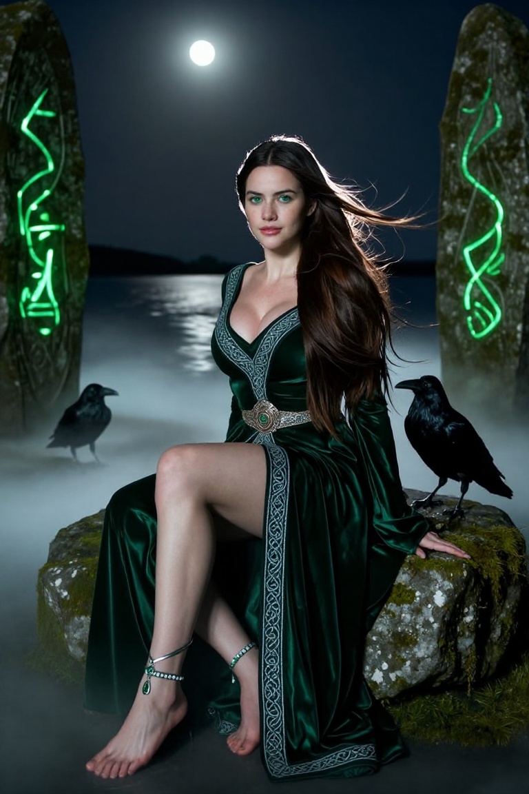 Young Woamn is seated upon an ancient moss-covered stone within a sacred stone circle on the mist-covered island of Avalon...