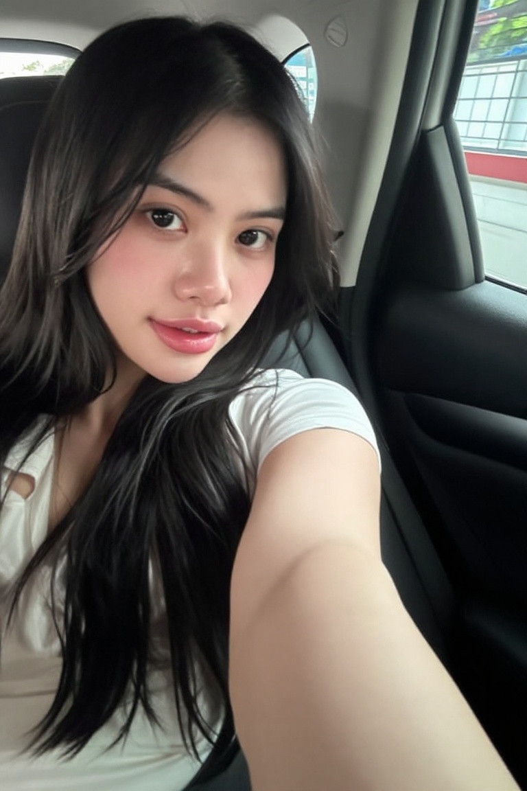 The image shows a person sitting in the backseat of a car. The person is wearing a light-colored,  t-shirt and has long,...