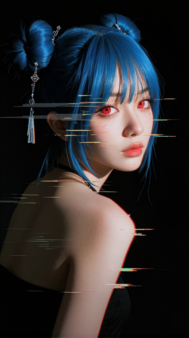 A hyper-detailed cinematic portrait of a futuristic melancholic woman captured mid-motion,  her vivid blue hair styled int...