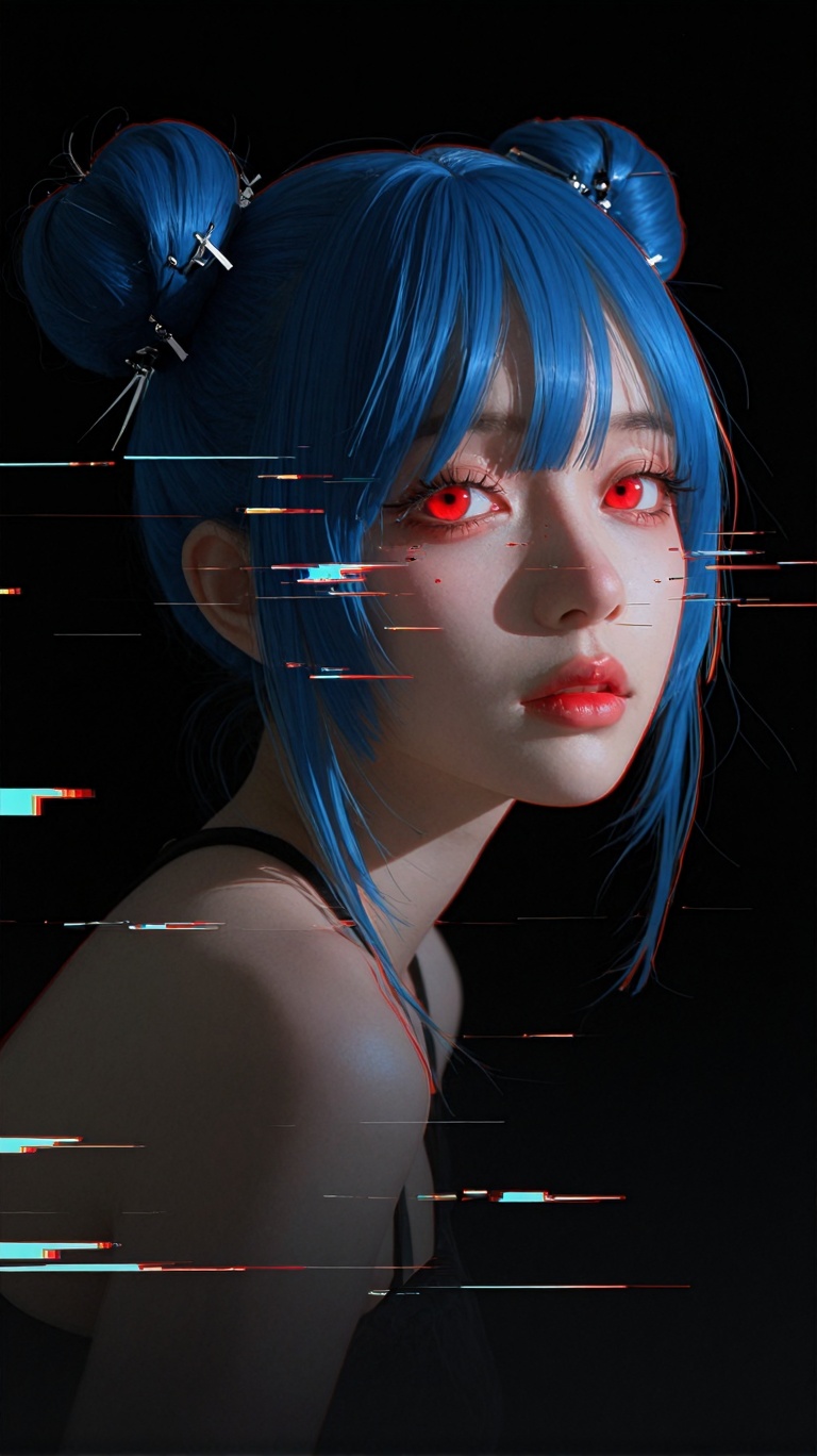 A cinematic glitch-art portrait of a melancholic young woman with striking blue hair styled into symmetrical double buns,...