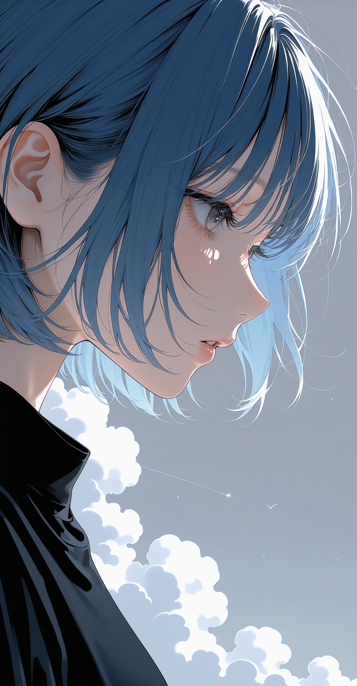 1girl solo short hair bangs shirt blue hair upper body parted lips sky cloud grey background from side lips black shirt pr...