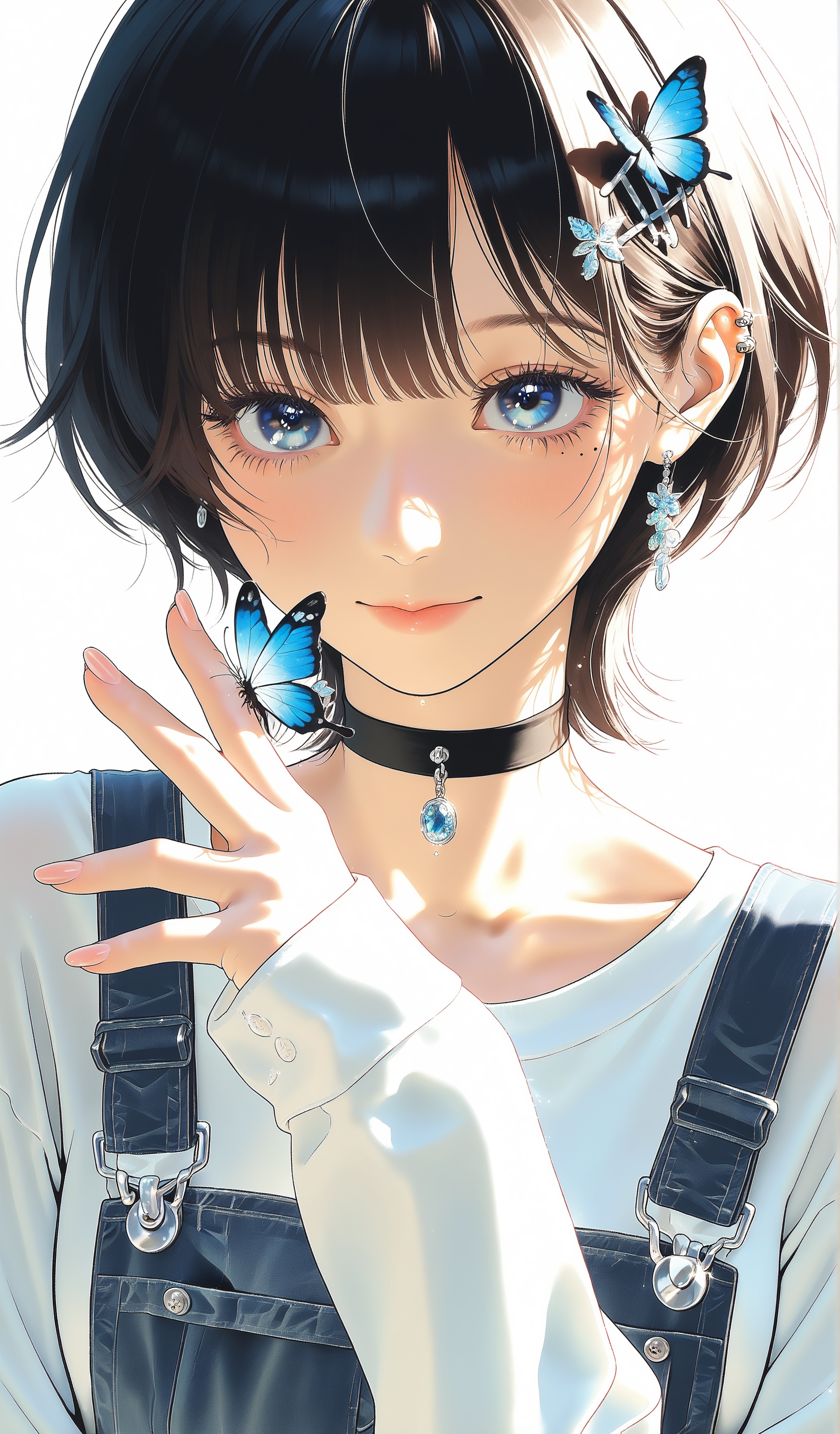 A captivating solo portrait of a girl with short hair and bangs,  gazing directly at the viewer. Her striking blue eyes sp...