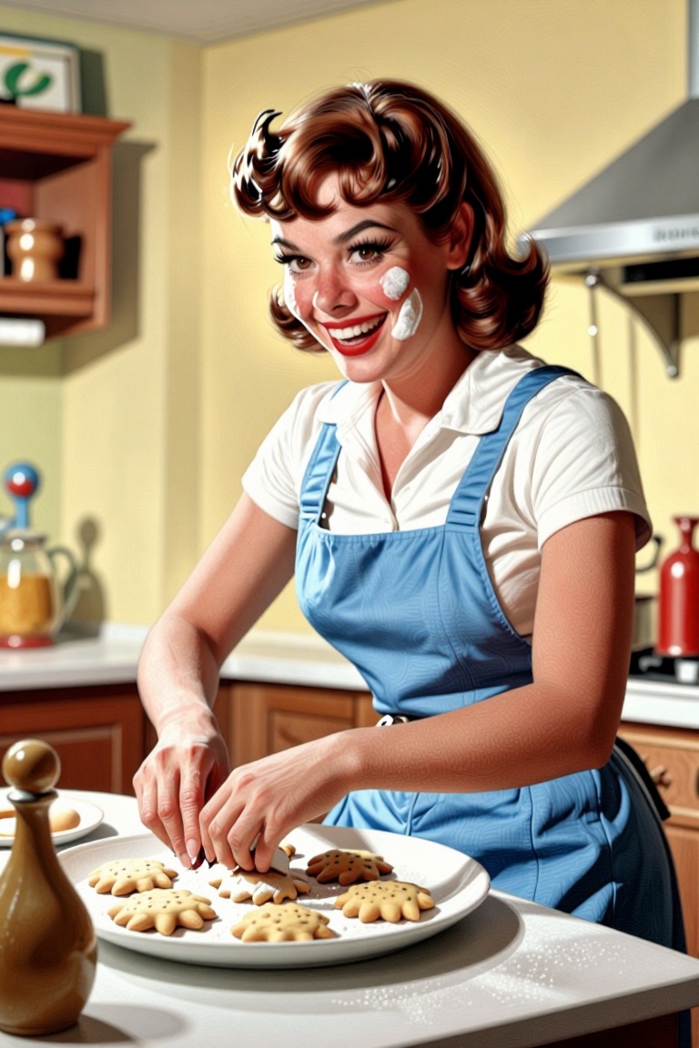 Warm vintage 1950s illustration,  lovely woman with curled brown hair wearing a blue apron,  happily baking cookies in a b...