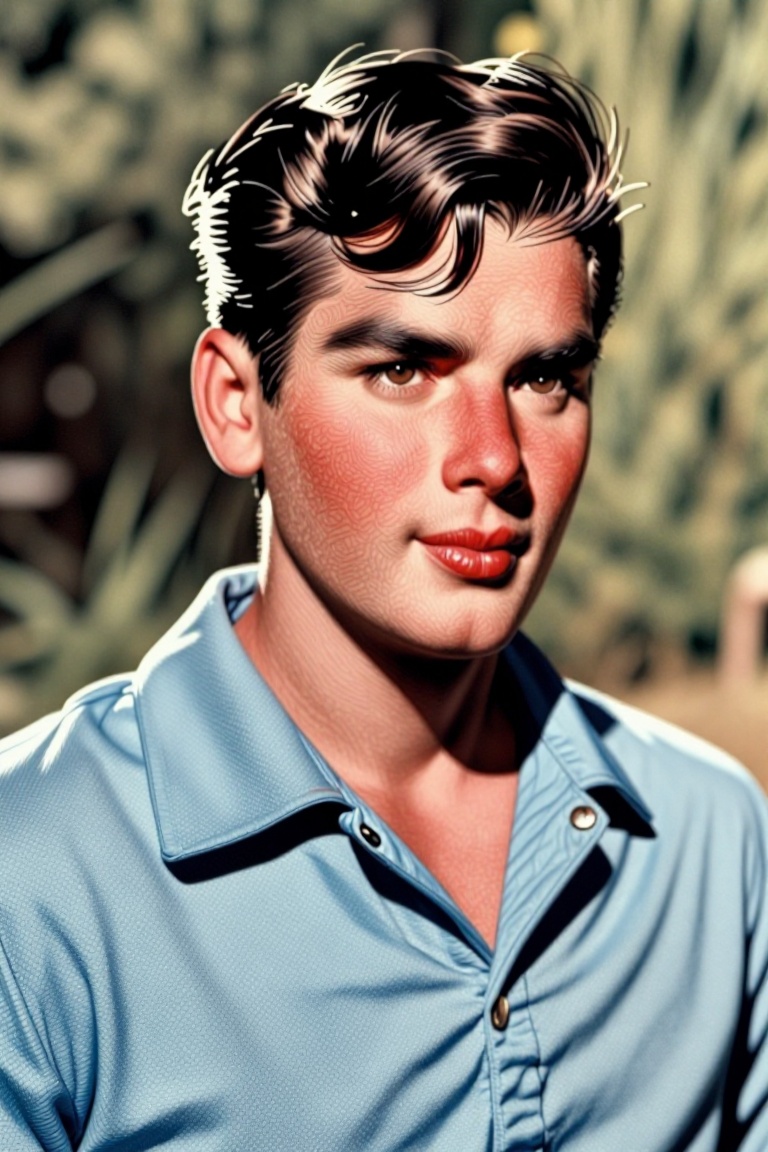 The image shows a person wearing a light blue collared shirt with a slightly open neckline. The shirt has a textured fabri...