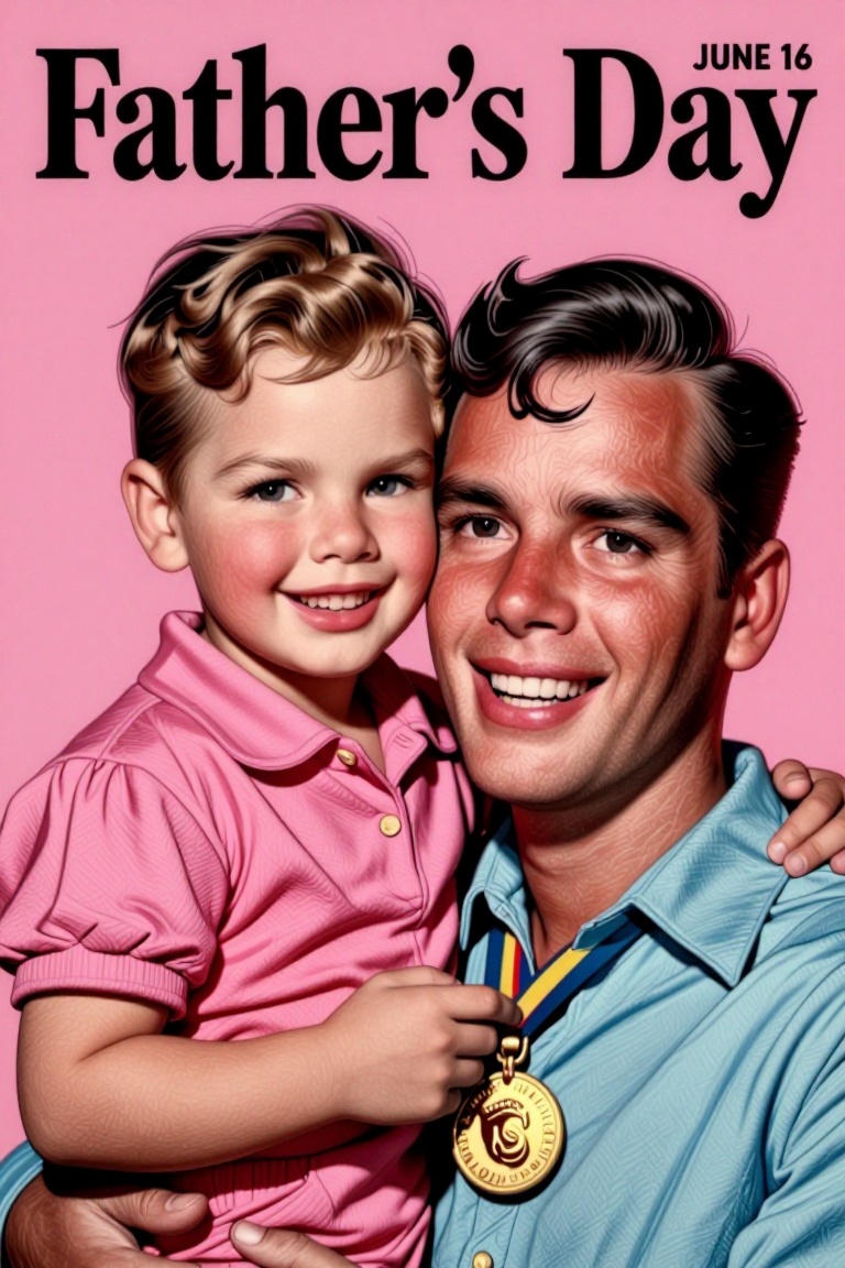 The image is a vintage magazine cover featuring a man and a child. The man is wearing a light blue shirt and holding a med...