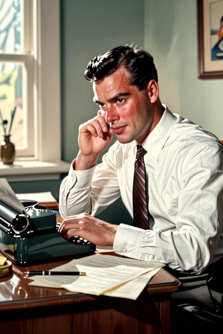 Elegant 1950s vintage illustration,  focused handsome man in white shirt and tie working at a wooden desk with papers and...