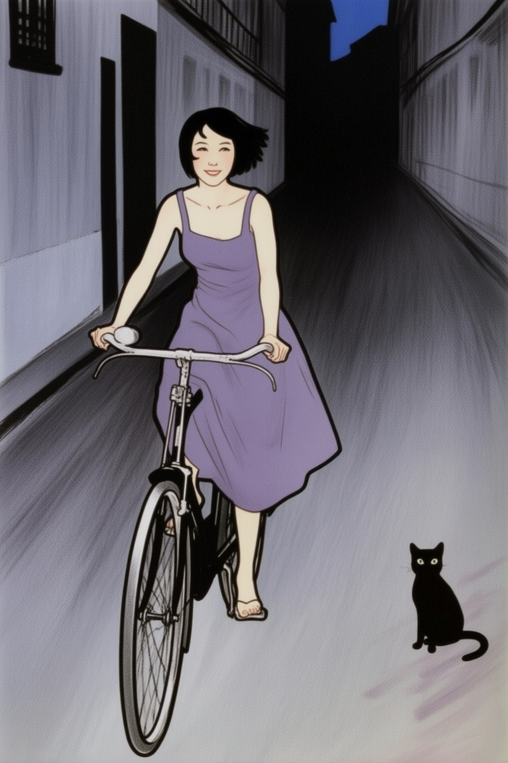 renegruau8q25 fashion illustration
Young Asian woman riding an old style bicycle through a narrow, quiet street at night. The happy woman wears a simple, flowing purple dress. In the corner, a small black cat with piercing eyes sits watching her quietly. The mood is tranquil and slightly magical.