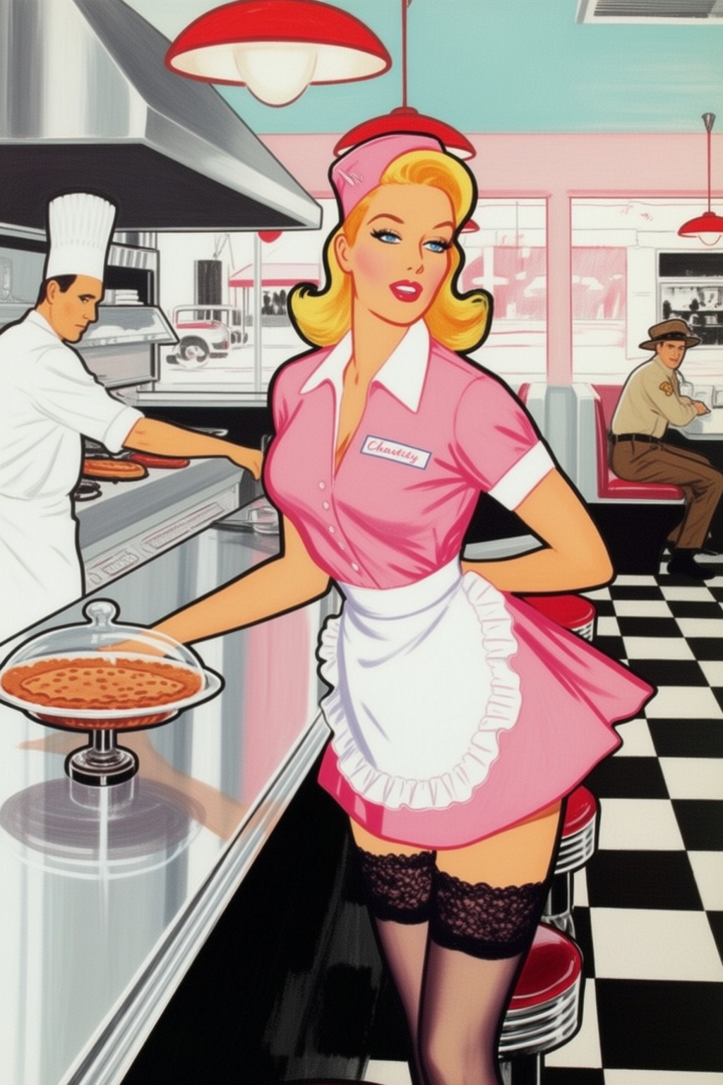 renegruau8q25 fashion illustration
In a bright retro diner, a voluptuous blonde woman with wavy shoulder-length hair in 1950s vintage style and blue eyes stands behind a stainless steel counter. She wears a short pink waitress uniform with a white collar, a ruffled white apron, and a matching cap, paired with dark lace-topped stockings. She looks at the viewer with her body slightly angled, resting one hand on the counter near a glass-domed pie, and one hand behind her back. She wears a name tag that says Chastity. On the left, a man in a white chefs uniform prepares food at a stove under a metal hood. In the background to the right, a man in a tan sheriffs uniform and hat sits at a booth. The setting includes a black and white checkered floor, red hanging lamps, and large windows showing a street. This eye-level medium shot captures the woman as the central figure, with the kitchen and dining area clearly visible in the background.