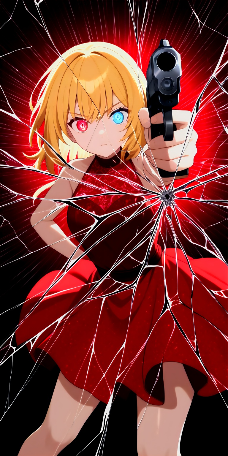 1girl,  anime girl pointing handgun,  directly at viewer through shattered glass on Tensor.Art