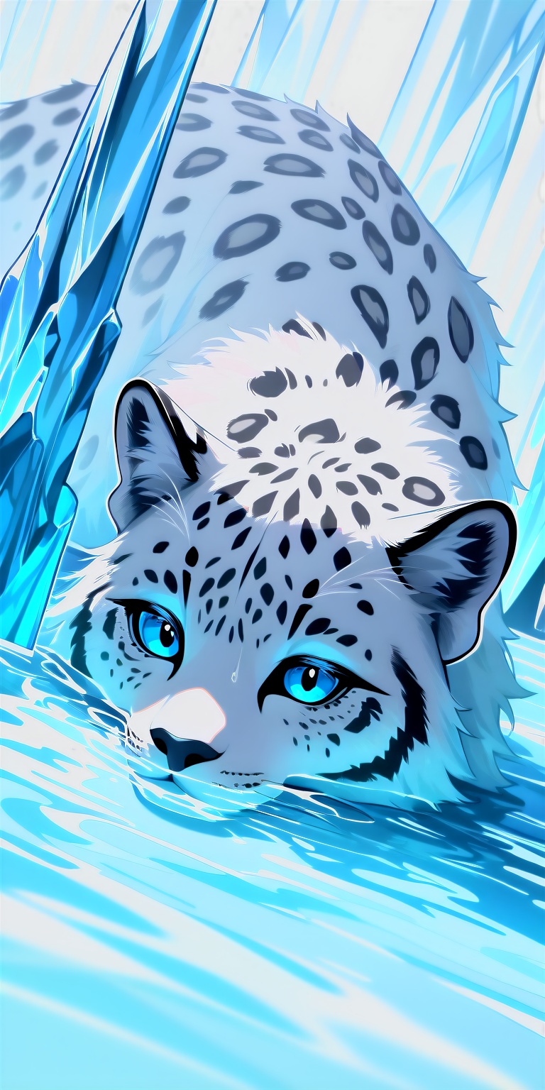 1snowleopard,  icy blue eyes,  partially submerged on Tensor.Art