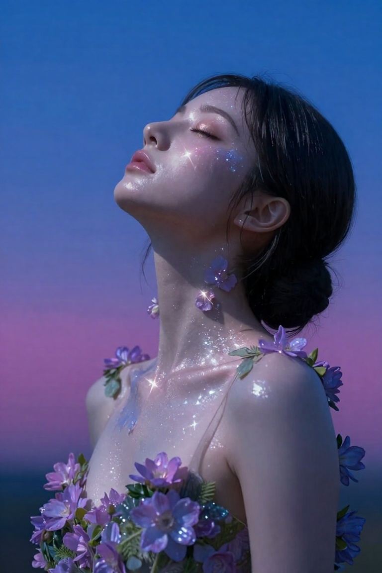 A figure with closed eyes tilts their head upward against a gradient sky shifting from deep blue at the top to magenta nea...