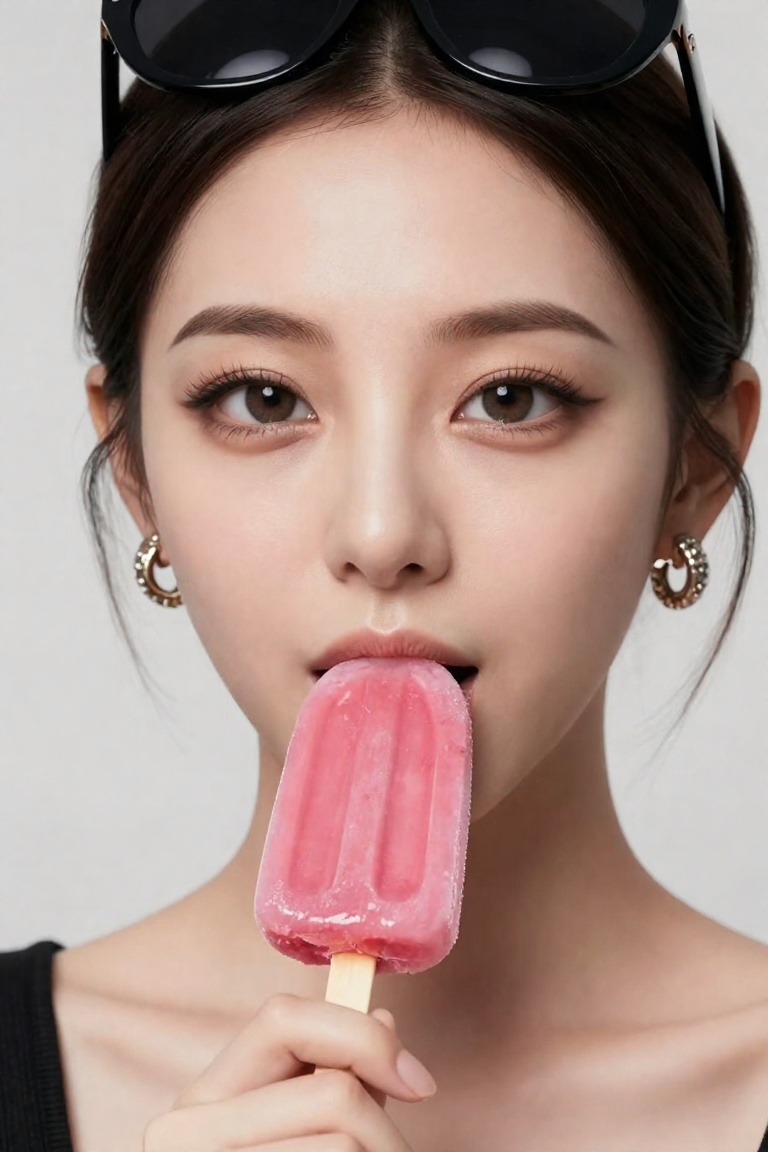 A high-fashion beauty close-up portrait of a woman holding and biting a popsicle,  use reference image face,  preserve ide...