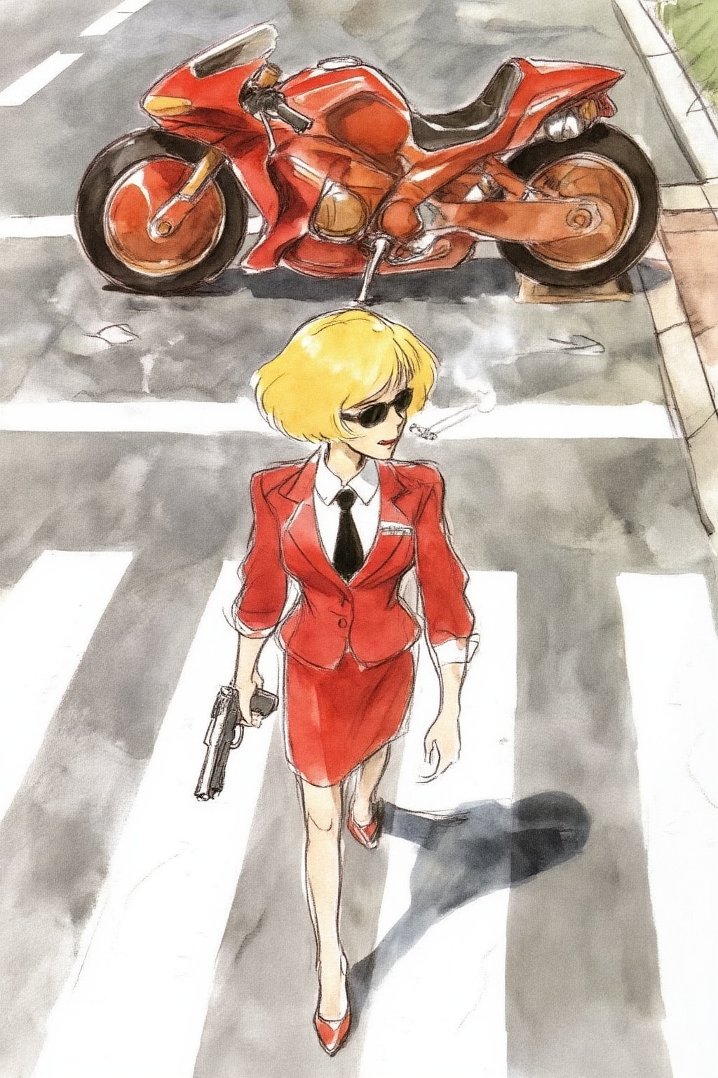 hayaomiyazaki4z25 watercolor illustration. 
High angle, overhead shot of a Blonde woman walking away from a futuristic motorcycle parked at a zebra crossing. The woman has bob hair, is smoking. She wears a red business suit, white shirt, black tie, and sunglasses. She holds a gun with a confident grip. The motorcycle itself is red, sleek and metallic, with intricate designs and a futuristic vibe
