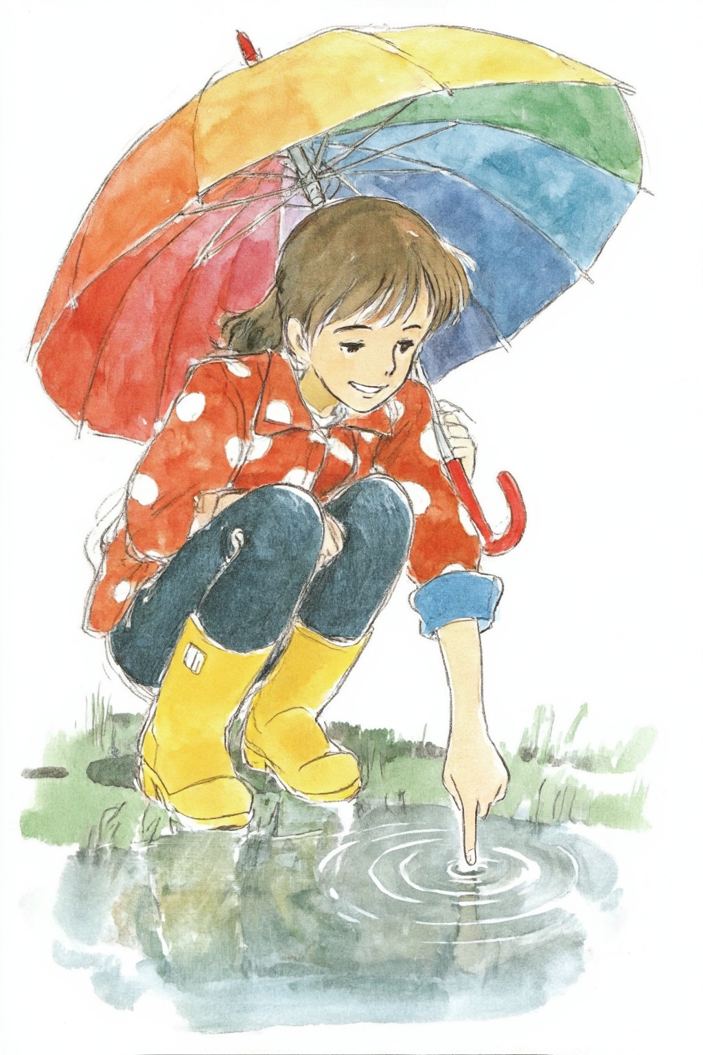 hayaomiyazaki4z25 watercolor illustration. 
A young woman, angled from slightly above and to the right, crouching low to the ground in a puddle. The young woman is wearing bright yellow rubber boots and a red jacket with white polka dots. The jacket sleeves are pushed up to reveal blue cuffs. The young woman also wears dark blue jeans and has a smile on her face as she extends her right index finger to touch the water in the puddle. She holds a large, open umbrella with rainbow-colored panels and a red handle over her.
