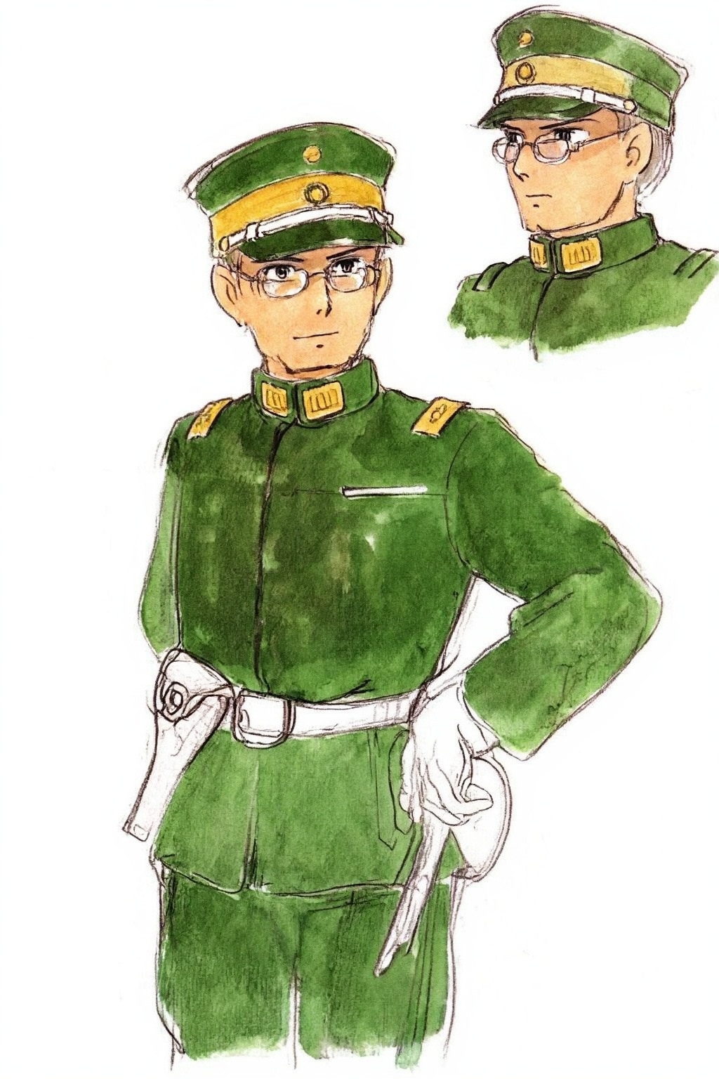 hayaomiyazaki4z25 watercolor illustration. 
Two portraits of the same soldier. In the center is the portrait of a man wearing glasses, in a green uniform with gold epaulettes, a white belt, and a cap with a gold insignia, standing with one hand on his hip. The uniform includes a high collar and front pocket. In the top right corner is the same man looking to the left. 