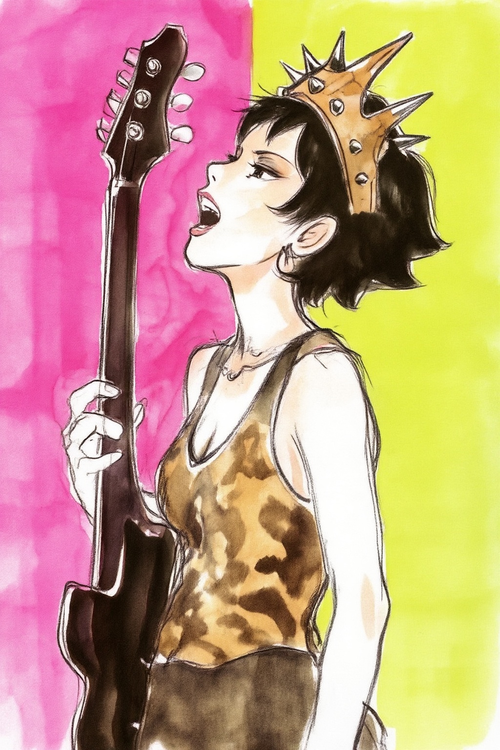 hayaomiyazaki4z25 watercolor illustration. 

Profile view medium shot of a punk rock musician with her head tilted back in a passionate expression. The subject features short hair, adorned with a matching spiked Liberty crown headpiece. She wear a textured, animal-print patterned sleeveless top and a guitar strap, while holding a dark electric guitar by its neck and body. The composition is centered against a background vertically split between vibrant neon pink on the left and lime yellow on the right. Deep black ink defines the silhouette, while background colors bleed into the highlights on the skin and clothing. The lighting is stark and graphic, emphasizing sharp edges. The overall mood is rebellious, energetic, and powerful.