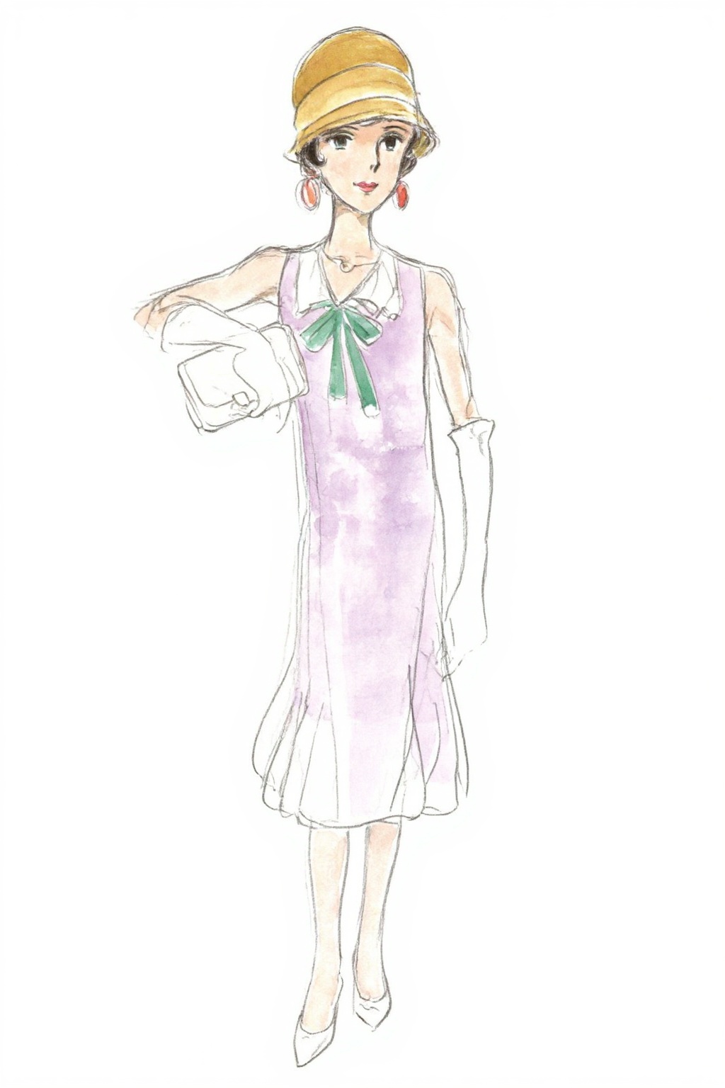 hayaomiyazaki4z25 watercolor illustration. 
A woman wearing a light purple dress with a large green bow at the chest, long white gloves, and a yellow hat. She has large red earrings and is holding a small white purse in her hand. She is looking at the viewer.