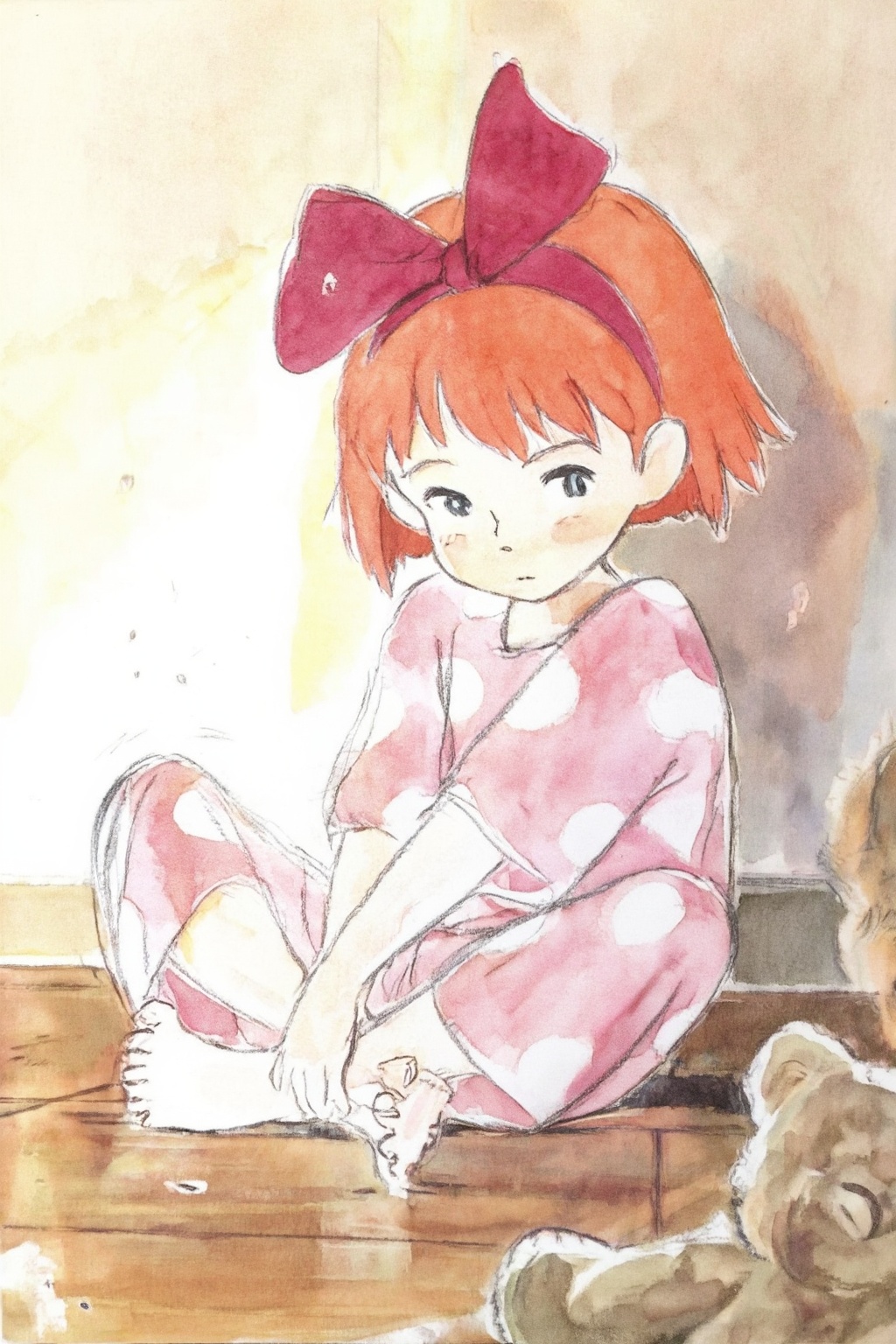 hayaomiyazaki4z25 watercolor illustration. 
Kiki, a young girl with fiery-orange cropped hair, oversized fuchsia bow, pink polka-dot pyjamas, perched cross-legged, hands on ankles. Intimate low-angle, tight shot, sharp focus: expressive eyes. Polished wooden floor. Crewdson-esque cinematic staging; ethereal backlighting, shallow depth of field. Warm, desaturated pastels: dusty rose, apricot. Soft diffused side-light, golden hour glow. Textures: soft flannel, lustrous satin. Quiet introspection, dreamlike stillness, childhood wistfulness. Subtle dust motes in light; blurred vintage teddy bear, frame's edge. 
