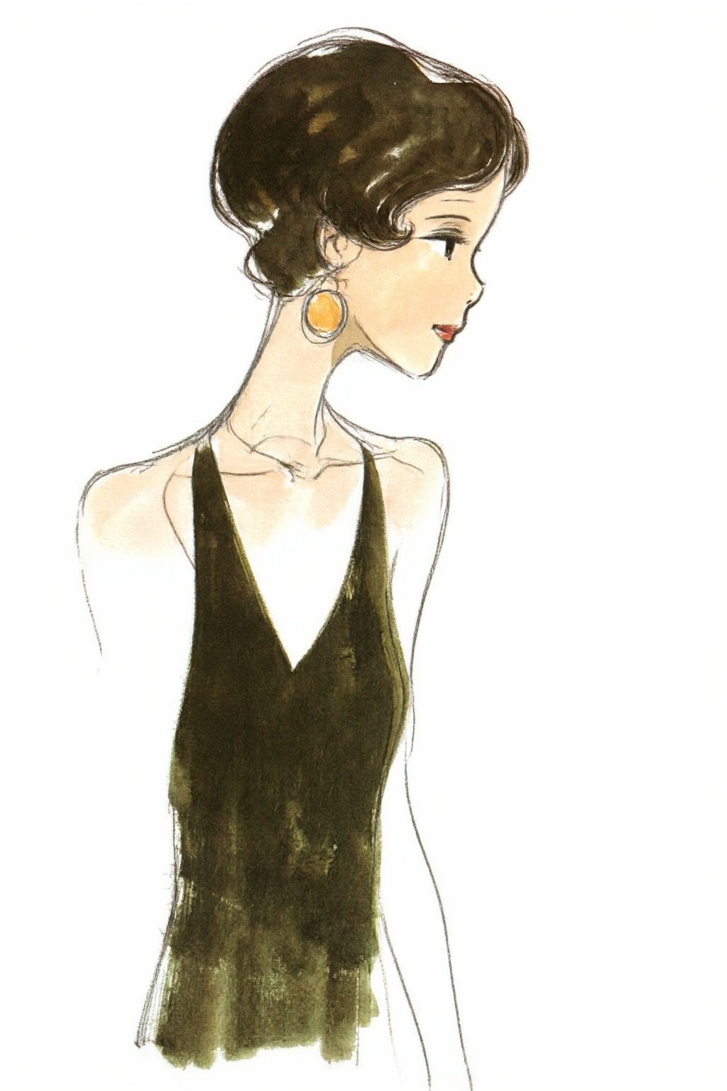 hayaomiyazaki4z25 watercolor illustration. 
A woman with short wavy hair wearing a sleeveless dark-colored halter-neck dress with a deep V-neckline. Her face is shown in side profile. She is wearing large round earrings and looking to the right.