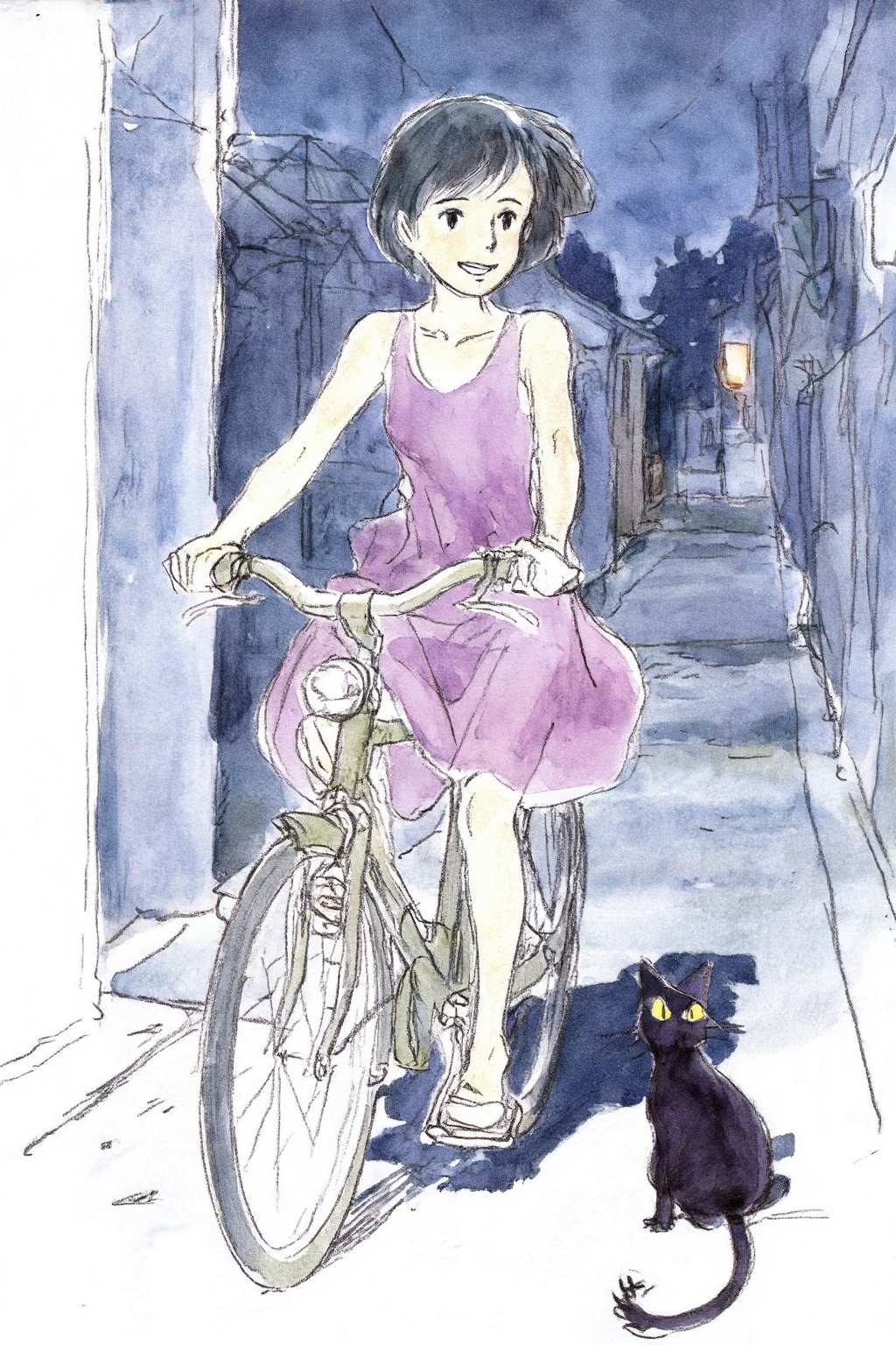 hayaomiyazaki4z25 watercolor illustration. 
Young Asian woman riding an old style bicycle through a narrow, quiet street at night. The happy woman wears a simple, flowing purple dress. In the corner, a small black cat with piercing eyes sits watching her quietly. The mood is tranquil and slightly magical.