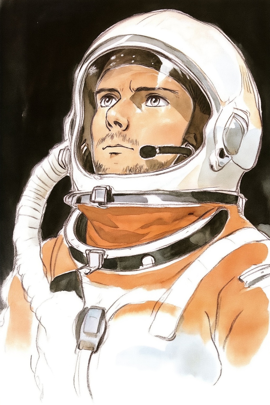 hayaomiyazaki4z25 watercolor illustration. 

Low-angle close-up shot of a man shown in 3/4 view, wearing a detailed white and orange astronaut suit. He looks upward with a solemn, contemplative expression, revealing a sharp jawline and light stubble. His face is framed by a white space helmet featuring a large clear visor with visible dust particles and a small black microphone near his mouth. The suit comprises layered white fabric with orange segments, black mechanical connectors, and silver buckles. A thick white ribbed hose connects to the side of the helmet. Dramatic side lighting casts high-contrast highlights on his skin and the suit's intricate textures against a solid black background. The overall mood is heroic and atmospheric, emphasizing the realistic materials and the subject's focused gaze.