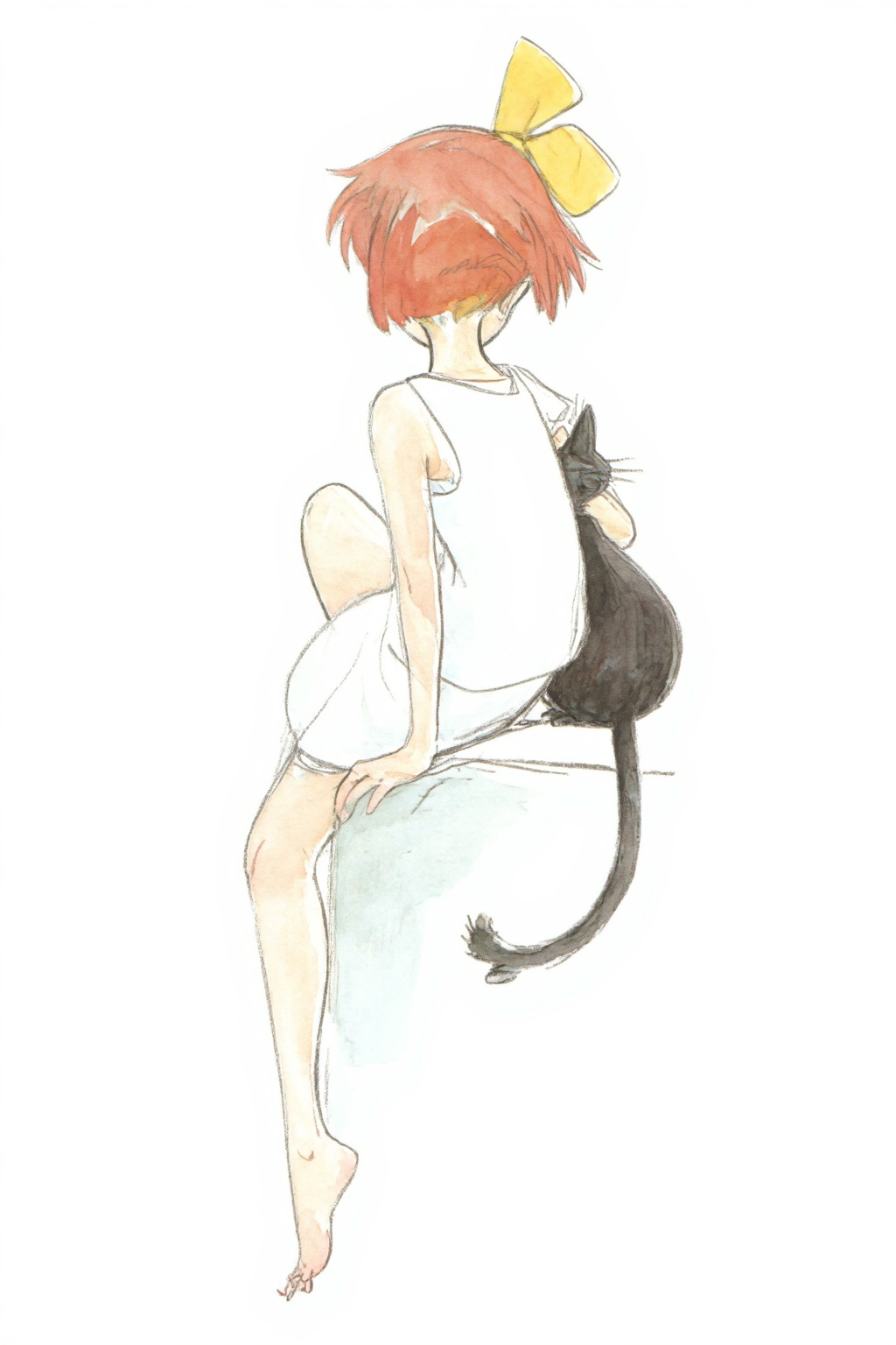 hayaomiyazaki4z25 watercolor illustration. 
A young girl, Kiki, with short red hair tied into a yellow bow, wearing a white dress. She is sitting with her back to the viewer on a light-colored surface, with one leg bent and the other extended. A black cat is sitting beside her, facing her.