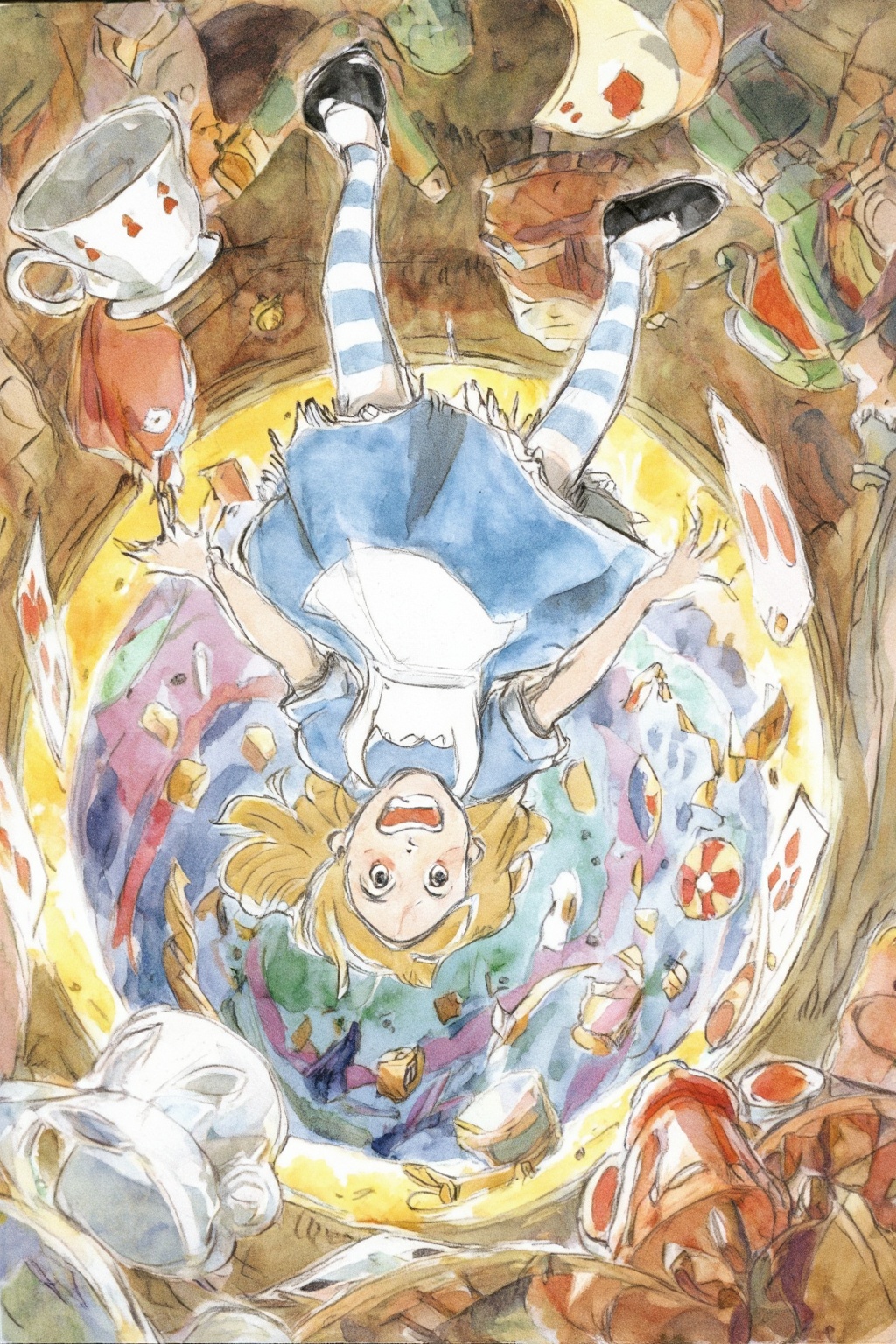 hayaomiyazaki4z25 watercolor illustration. 
High angle overhead view of Alice in Wonderland falling into the rabbit hole, with her legs dangling beneath her. She is looking upward, her face filled with shock and terror as she screams. Her blue dress and white apron billow out around her as she tumbles, while her striped stockings and black shoes are visible below. The rabbit hole is a swirling, chaotic mix of vibrant colors, playing cards, teacups, and other Wonderland objects floating around her. Soft glowing light emanates from the tunnel walls, adding an eerie, fantastical feel to the scene. 