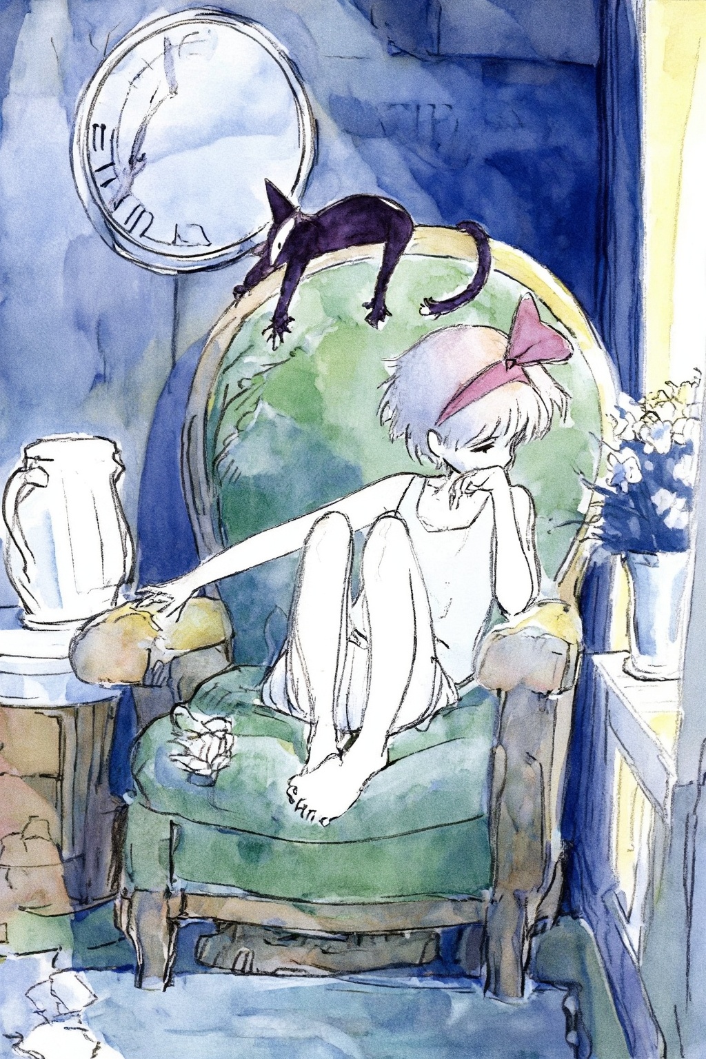 hayaomiyazaki4z25 watercolor illustration. 
An indoor night scene of a young girl and her cat.  A young girl, Kiki, with short hair and a large pink bow, sitting slouched with her legs up in a large green armchair. She appears tired, resting her head on one hand while reaching out with the other toward the armrest.  A black cat with large ears is perched along the top of the armchair, sleeping. The room is softly lit with warm tones, featuring a white teapot on a small table on the left, a vase of flowers sitting on the windowsill on the right, and a large circular wall clock in the background. Light from the outside is coming in through the open window on the right