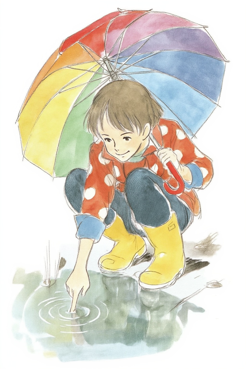 hayaomiyazaki4z25 watercolor illustration. 
A young woman, angled from slightly above and to the right, crouching low to the ground in a puddle. The young woman is wearing bright yellow rubber boots and a red jacket with white polka dots. The jacket sleeves are pushed up to reveal blue cuffs. The young woman also wears dark blue jeans and has a smile on her face as she extends her right index finger to touch the water in the puddle. She holds a large, open umbrella with rainbow-colored panels and a red handle over her.