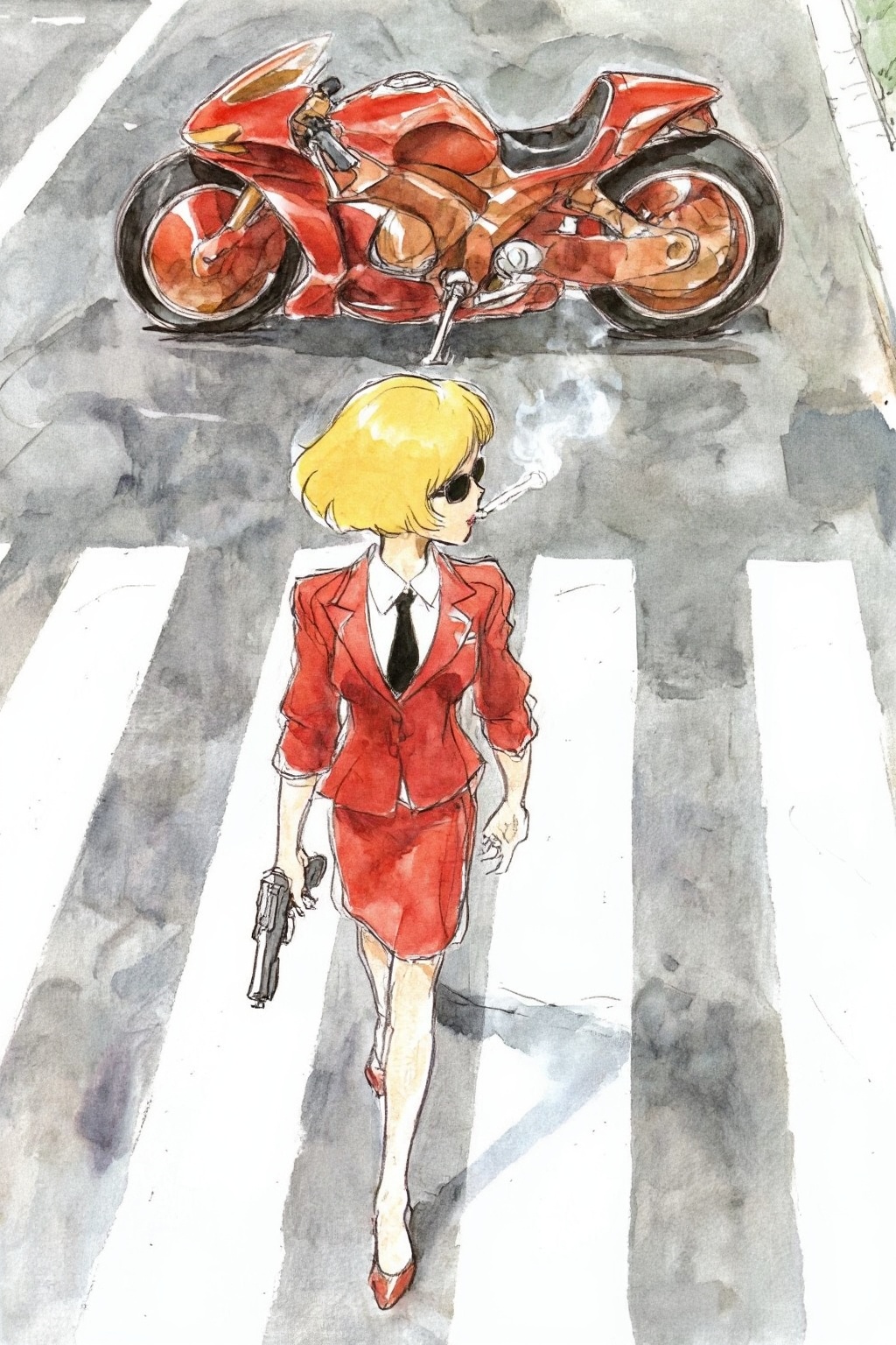 hayaomiyazaki4z25 watercolor illustration. 
High angle, overhead shot of a Blonde woman walking away from a futuristic motorcycle parked at a zebra crossing. The woman has bob hair, is smoking. She wears a red business suit, white shirt, black tie, and sunglasses. She holds a gun with a confident grip. The motorcycle itself is red, sleek and metallic, with intricate designs and a futuristic vibe