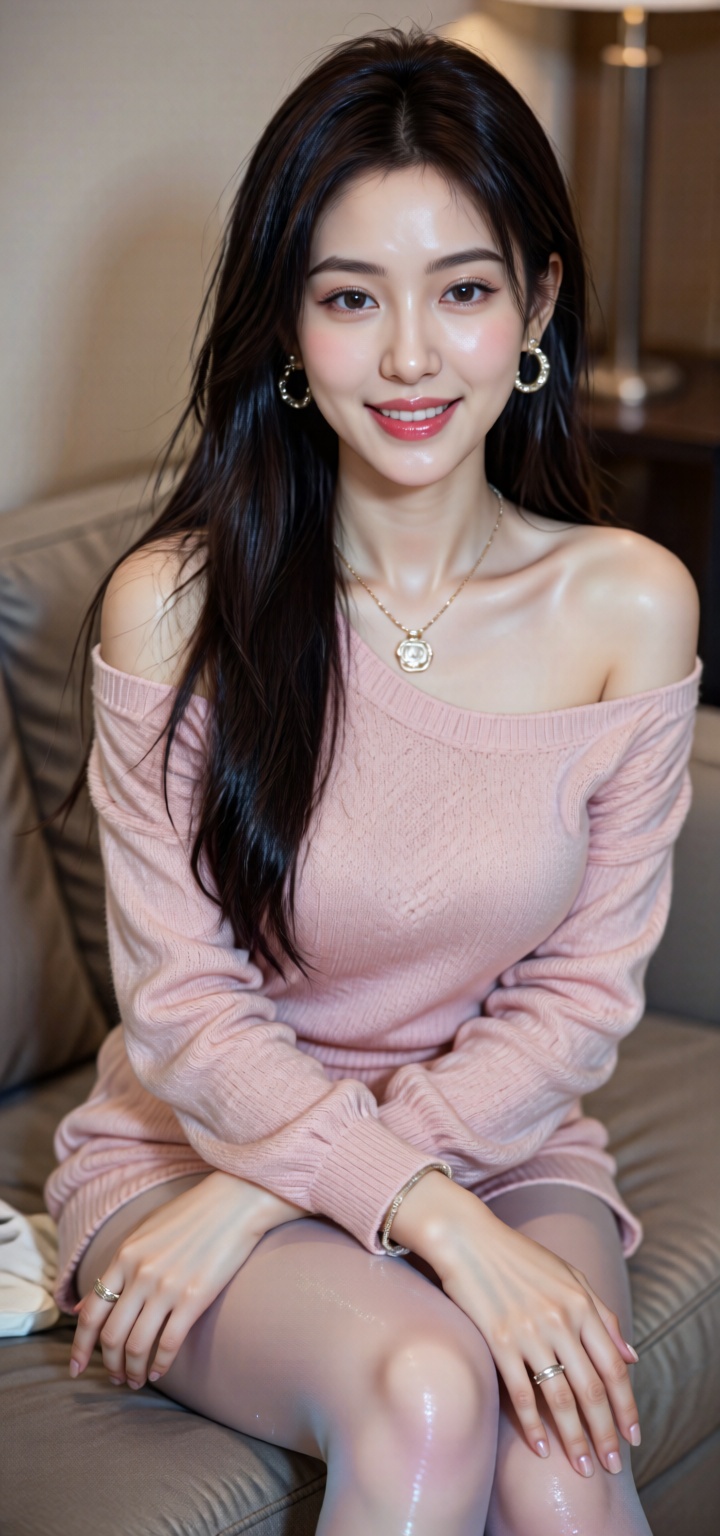 1girl, solo, long hair, looking at viewer, smile, black hair, jewelry, sitting, closed mouth, earrings, necklace, off shoulder, bracelet, sweater, lips, ring, couch, hoop earrings, realistic, off-shoulder sweater, pink sweater,aurora_glossy_pantyhose,Songyu_