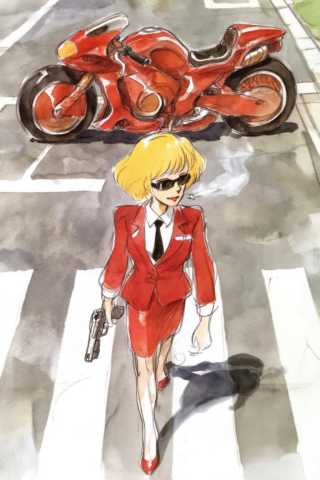 hayaomiyazaki4z20 watercolor illustration. 

hayaomiyazaki4z25 watercolor illustration. 
High angle, overhead shot of a Blonde woman walking away from a futuristic motorcycle parked at a zebra crossing. The woman has bob hair, is smoking. She wears a red business suit, white shirt, black tie, and sunglasses. She holds a gun with a confident grip. The motorcycle itself is red, sleek and metallic, with intricate designs and a futuristic vibe